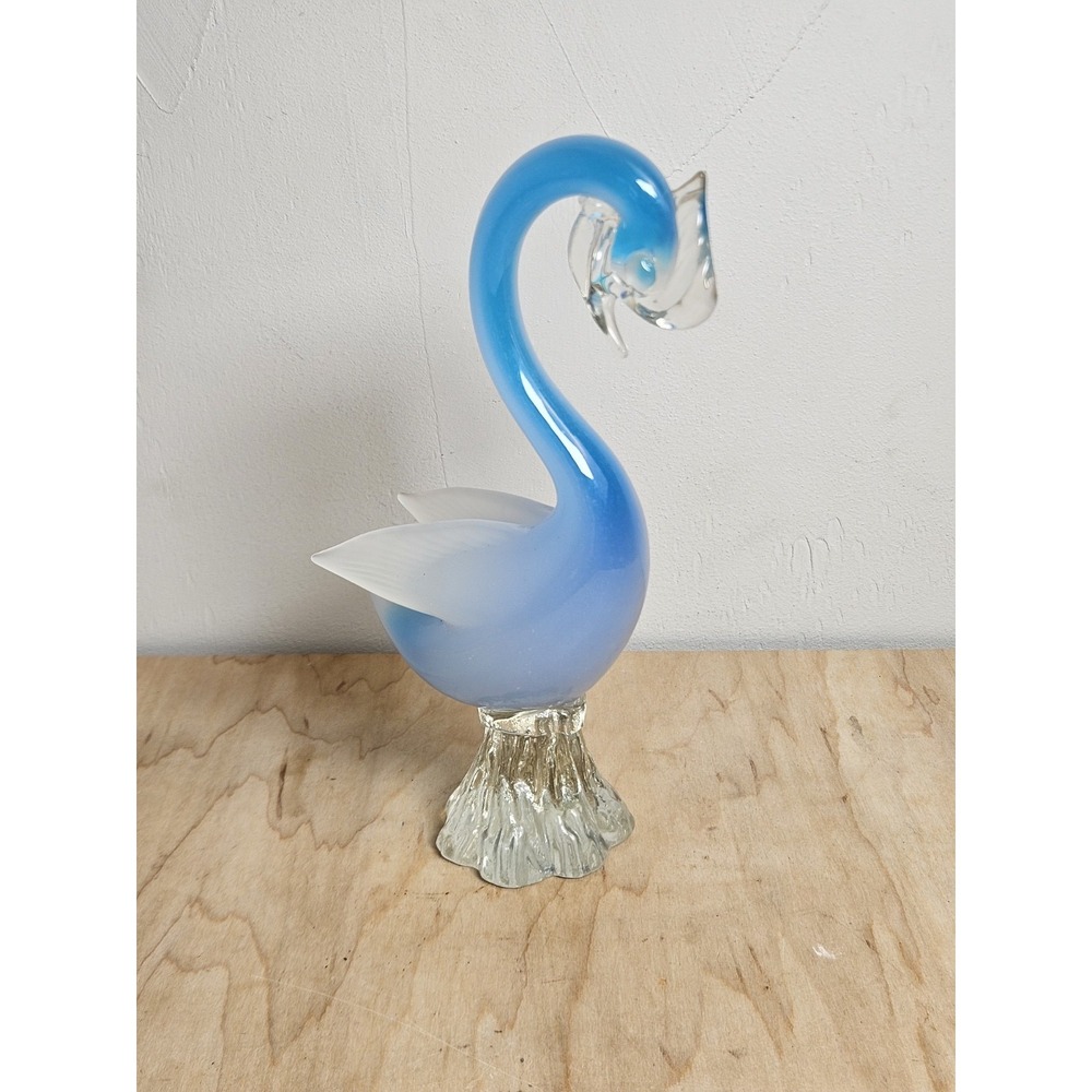 Murano Style Art Glass Blue White Swan Bird Sculpture Figurine Pedestal